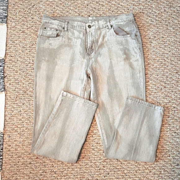 DG2 Diane Gilman Pattern Greige striated Straight leg stretch Jeans Women 14P - Picture 1 of 9